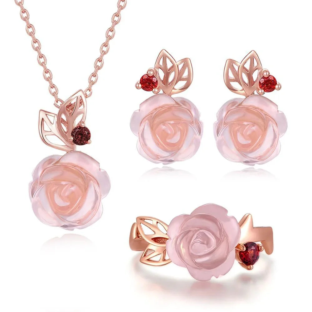 18K Rose Gold Plated Rose Quartz Jewelry Set