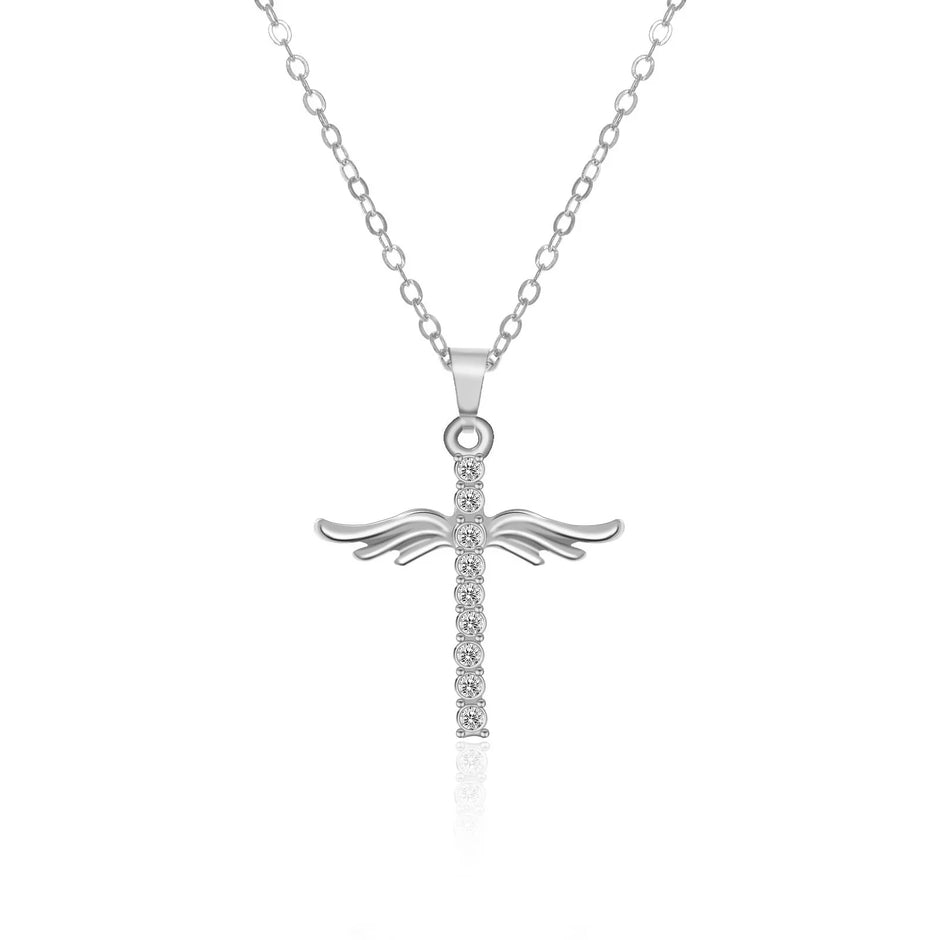 Angel Wings Cross Pendant Necklace For Woman With O Type Stainless Steel Chain Necklace Jewelry Gift