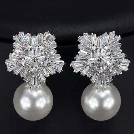 Pearl Earrings for Women with Luxury Fireworks Shaped Cubic Zirconia Woman Jewelry Birthday Gift