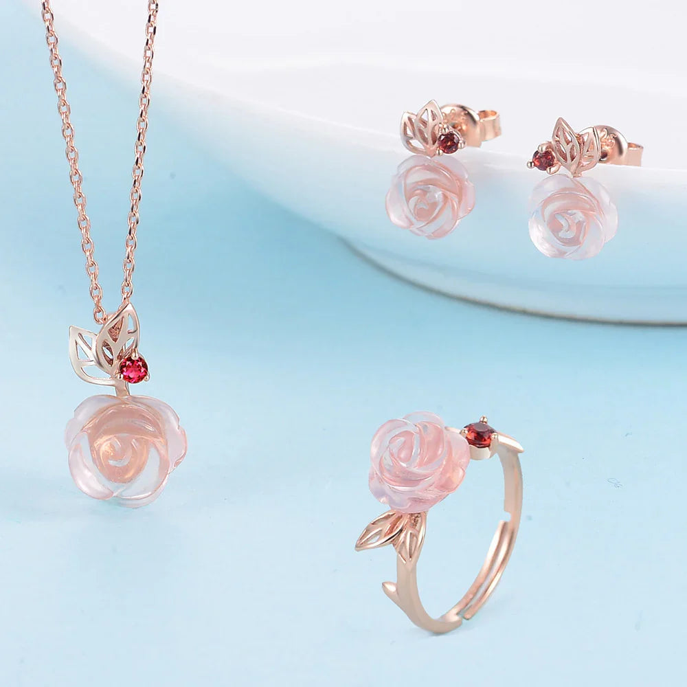 18K Rose Gold Plated Rose Quartz Jewelry Set