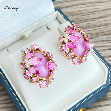 18K Gold Plated Pink Zircon Floral Earrings