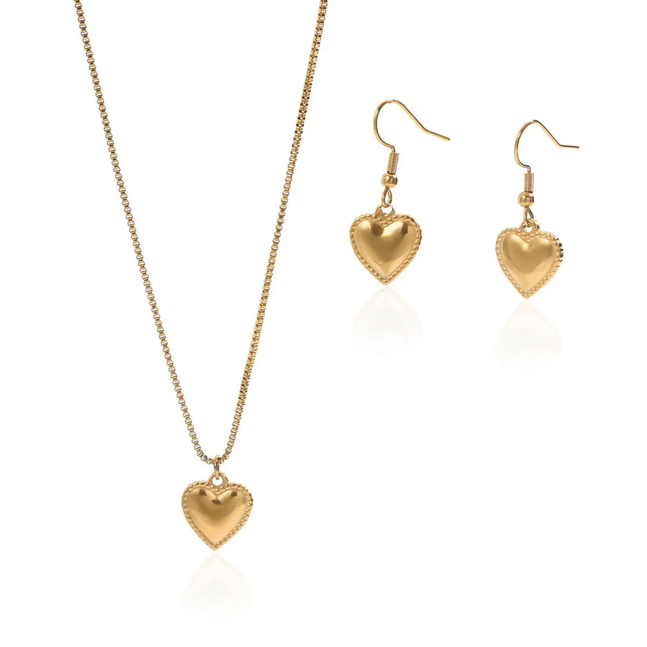 18K Gold Plated Puffy Heart Necklace & Earrings Set