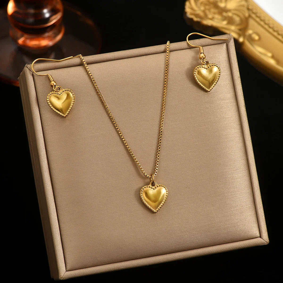 18K Gold Plated Puffy Heart Necklace & Earrings Set